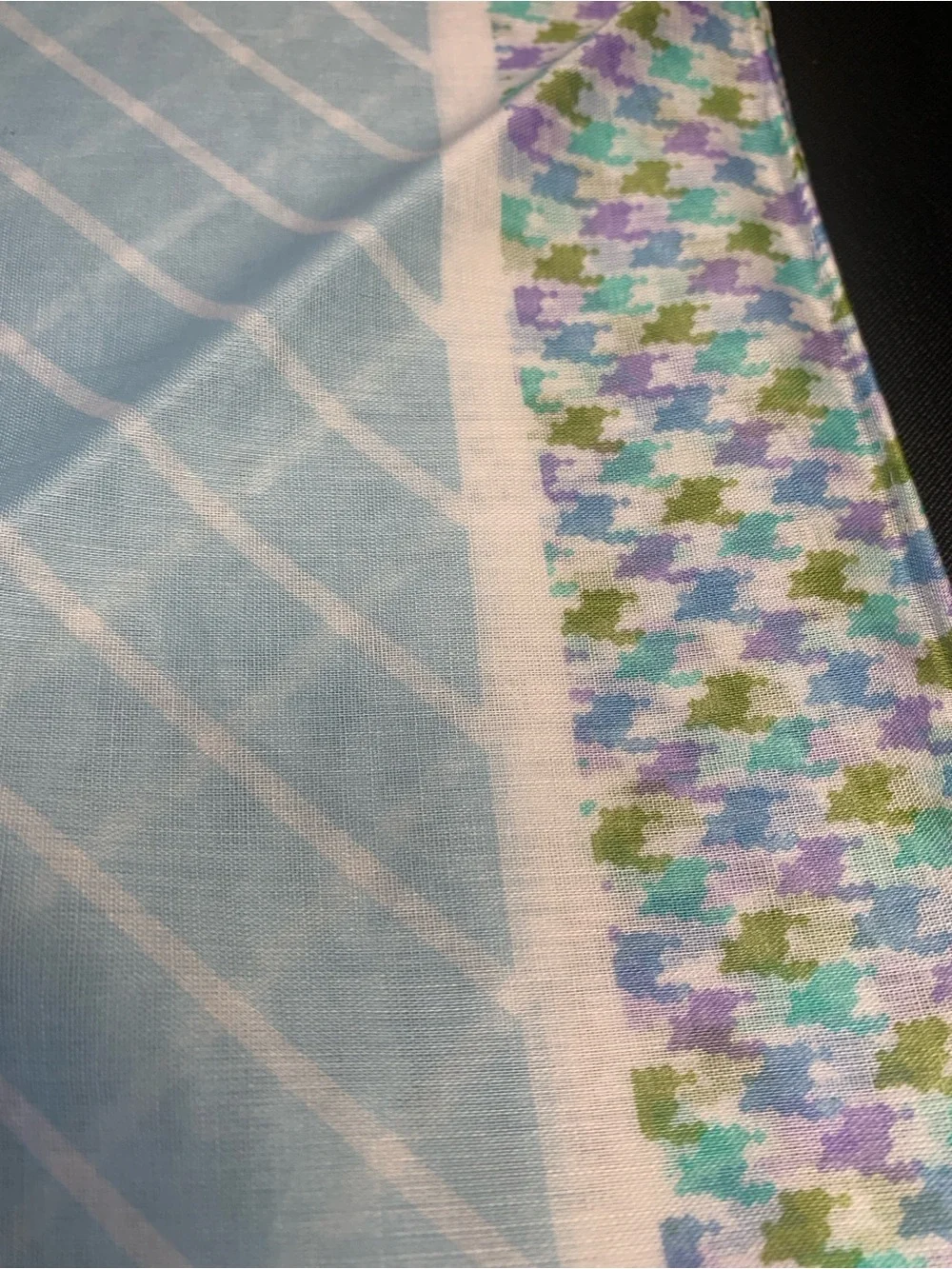 Dior Light Blue Cotton Scarf with Multicolor Houndstooth Border